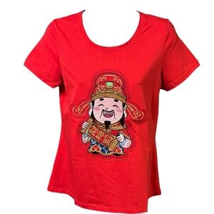 MIU Red T-Shirt Size‎ XL Embroidered Caishen God Wealth Prosperity Cultural NEW